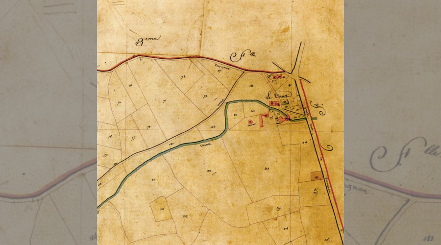 Le Vernet, début 19e siècle, détail du cadastre napoléonien: quelques maisons groupées autour de l'église Saint Christophe