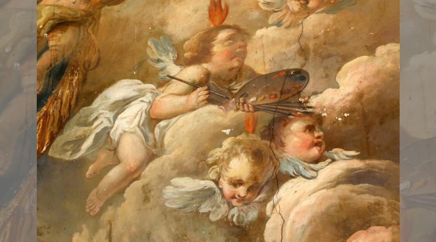 Détail des décors, angelot à la palette de peintre avec pinceaux