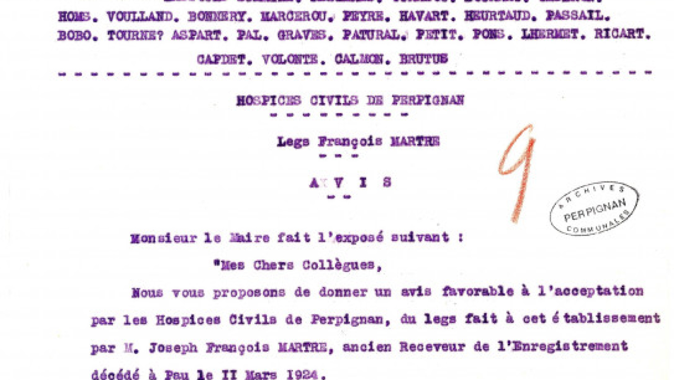 Legs fait à l’hôpital, enregistré par le conseil municipal de Perpignan, 1924-1925, AMCFP