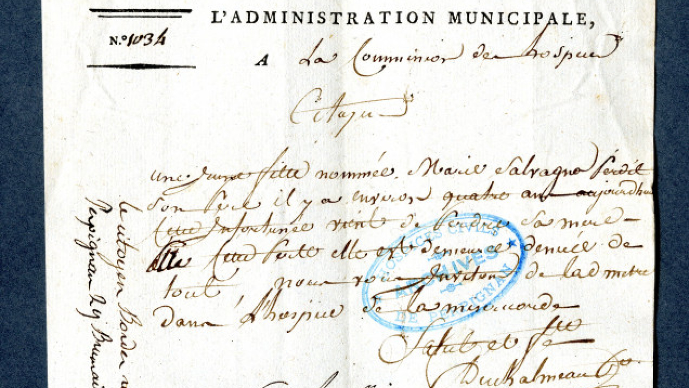 Placement de Marie S. à la Miséricorde par la commission des hospices, Brumaire an 6, ADPO 2HDTP741