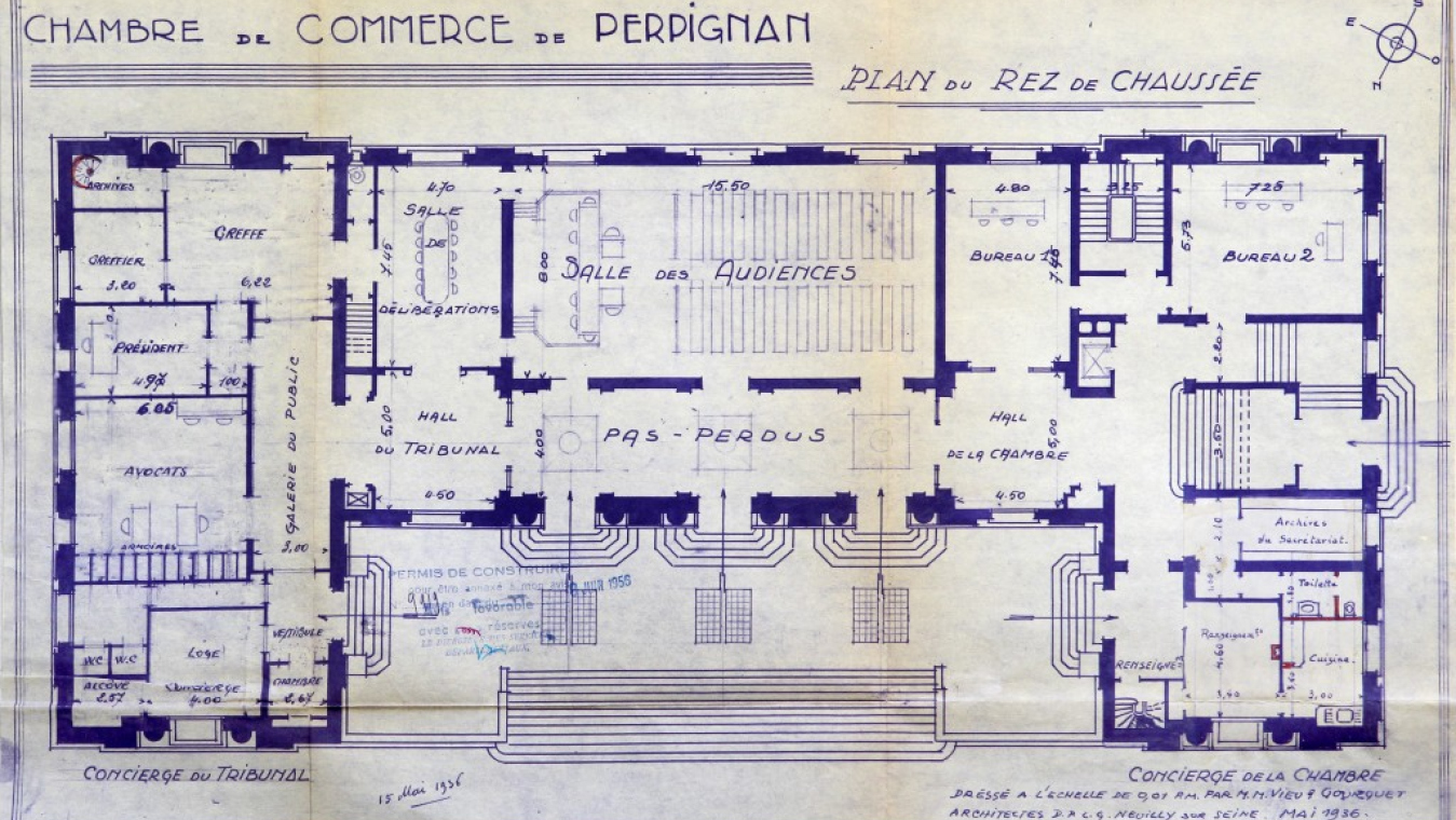 Palais Consulaire de Vieu et Gourget, 1936-1938, quai Delattre-de-Tassigny. Plan du rez-de-chaussée, 1936 : 60W176 (12554).