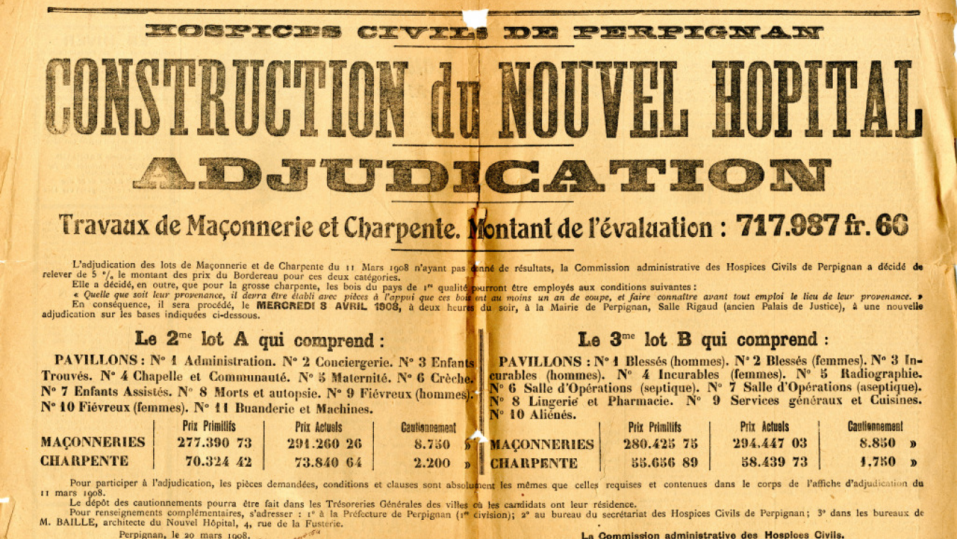 Affiche d’adjudication pour la construction du nouvel hôpital, AMCFP