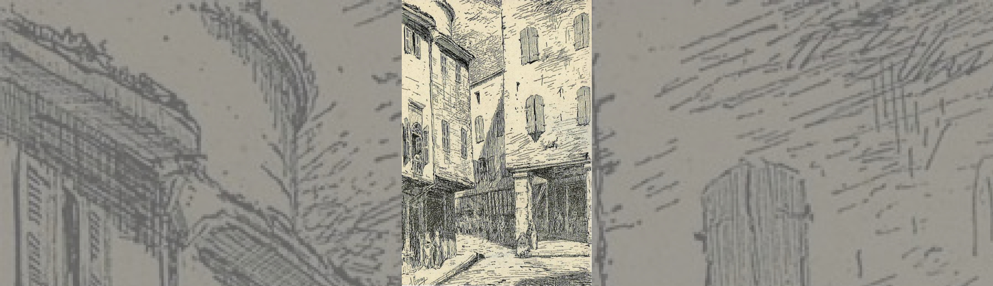 Dessin du carrefour de la barre avec la place de l'anciene Gallinaria:les volets en bois pleins sont fermés