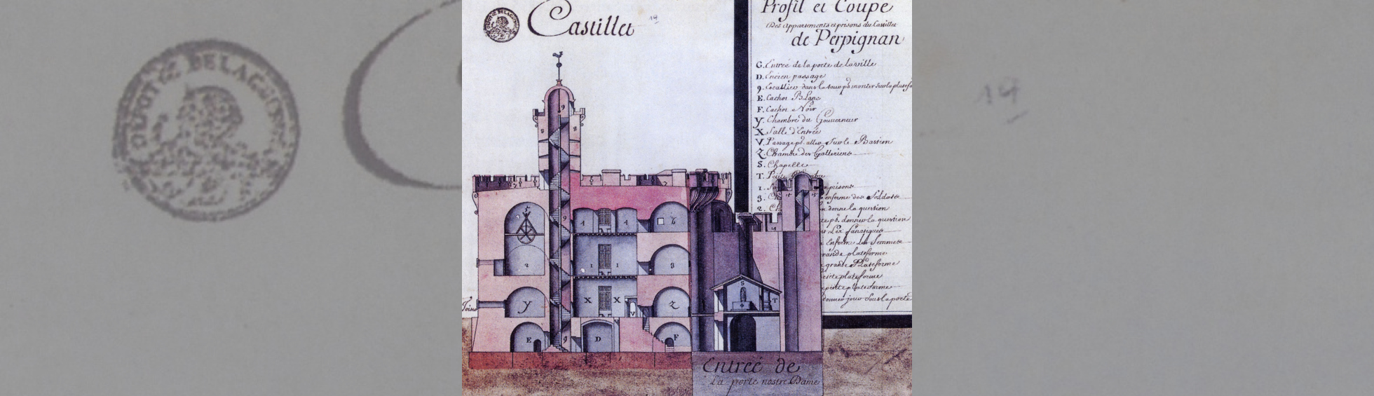 Vue en coupe du castillet/prison  montrant l'escalier à vis d'accès au donjon , les salles de cahots et salles de garde 