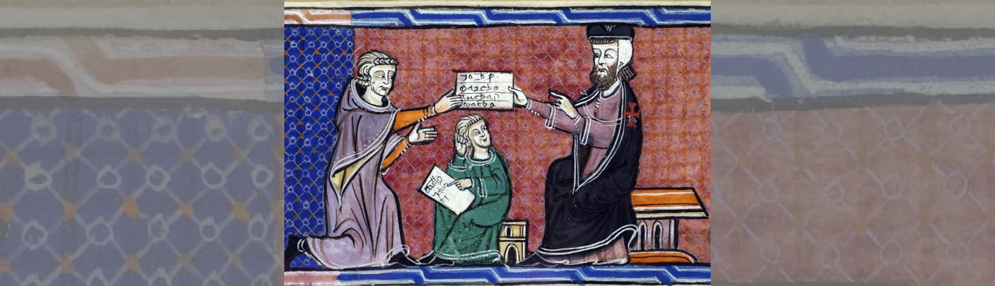 enluminure montrant un moine agenouillé  remettant le cartualaire au roi assis sur son trone 