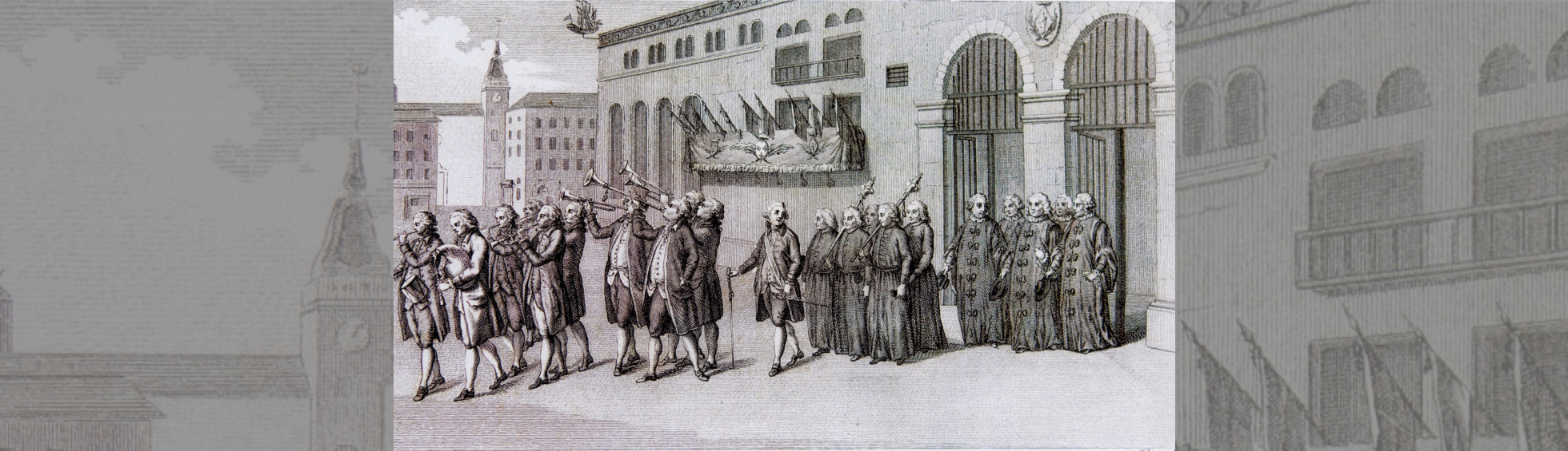 Gravure représentant la sortie des consuls de l'hôtel de Ville