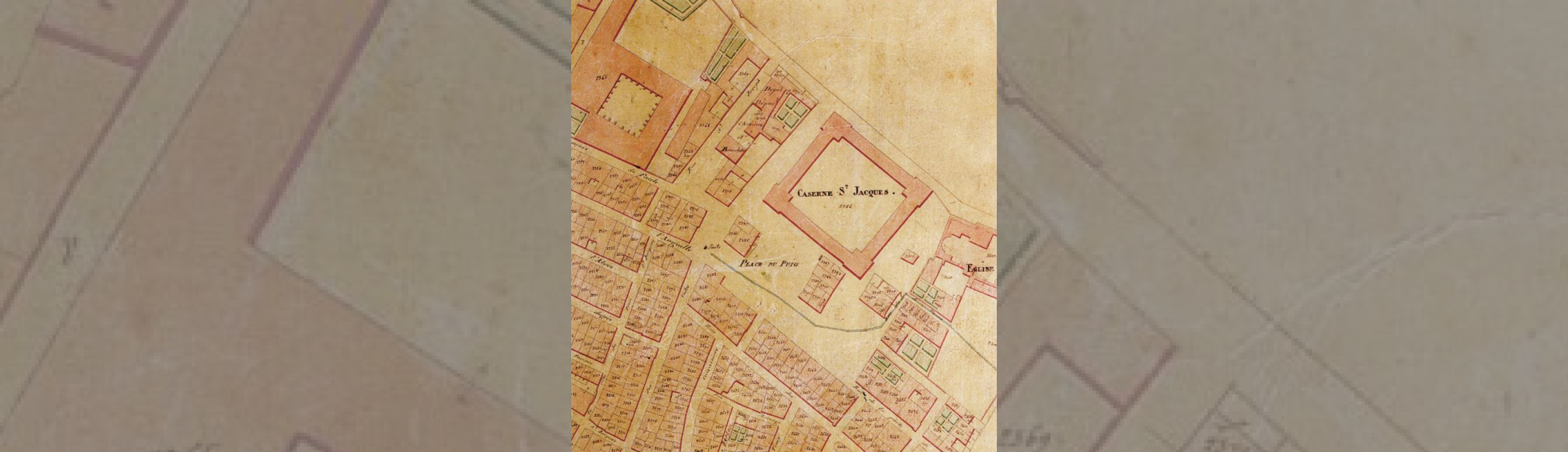 Place du Puig, début 19e siècle, détail du cadastre napoléonien: la caserne carrée avec une grande cour au centre