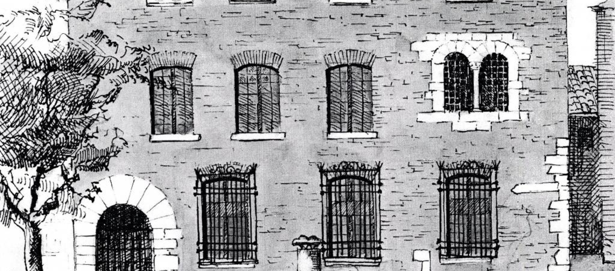 Gravure ancienne de la façade d'un batiment R+2 , porte monumentale, fontaine 