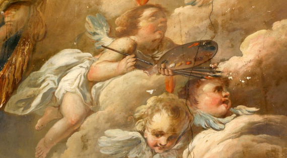 Détail des décors, angelot à la palette de peintre avec pinceaux